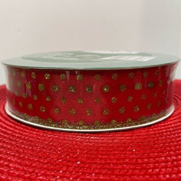 Members Mark Wired Ribbon Red with Gold Dots 50 yards NWT - Picture 2 of 5